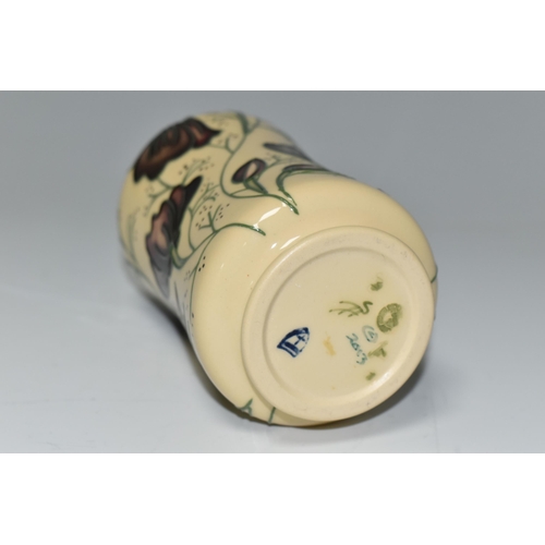 373 - A MOORCROFT POTTERY 'CHOCOLATE COSMOS' PATTERN VASE, of cylindrical waisted form, tube lined with ch... 