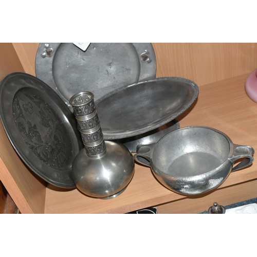 380 - A GROUP OF PEWTER AND PLATE, including an 'English Pewter' planished plate with copper hearts to the... 