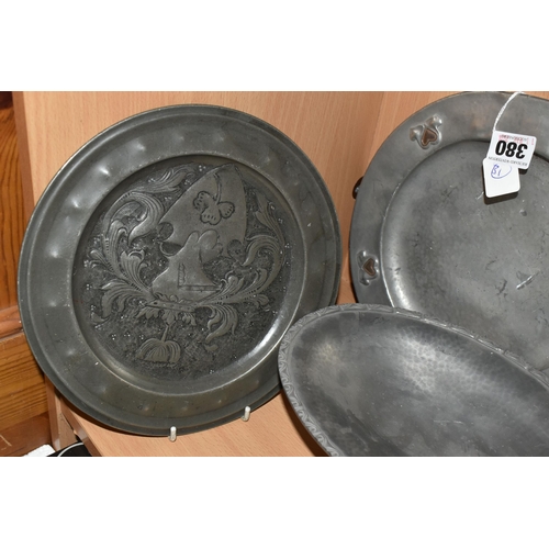 380 - A GROUP OF PEWTER AND PLATE, including an 'English Pewter' planished plate with copper hearts to the... 