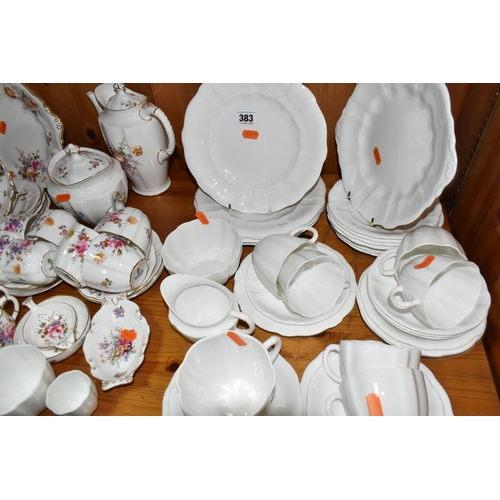 383 - A QUANTITY OF ROYAL CROWN DERBY 'DERBY POSIES' TEA AND COFFEE WARES AND A ROYAL CROWN DERBY WHITE GL... 