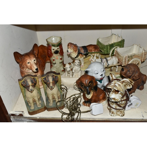 399 - A COLLECTION OF DOG THEMED LAMPS, BOOKENDS AND ORNMENTS, ETC, including two pottery dog shaped lamps... 