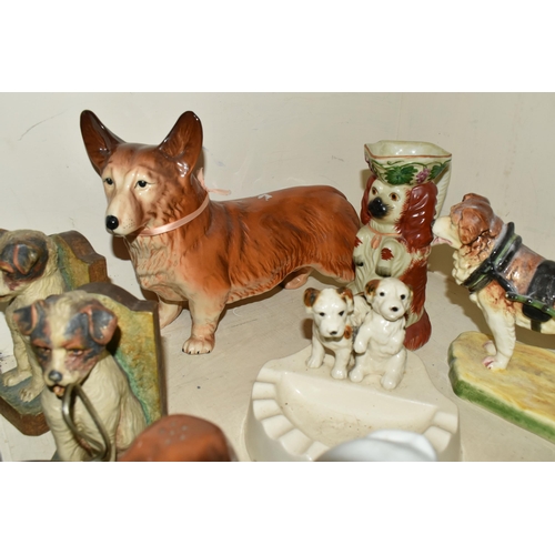 399 - A COLLECTION OF DOG THEMED LAMPS, BOOKENDS AND ORNMENTS, ETC, including two pottery dog shaped lamps... 