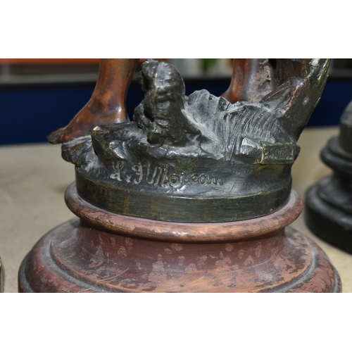 403 - THREE FRENCH BRONZED SPELTER FIGURES, supported by circular wooden bases, comprising 'Jeuness', heig... 