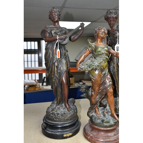 403 - THREE FRENCH BRONZED SPELTER FIGURES, supported by circular wooden bases, comprising 'Jeuness', heig... 