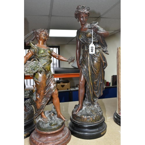 403 - THREE FRENCH BRONZED SPELTER FIGURES, supported by circular wooden bases, comprising 'Jeuness', heig... 