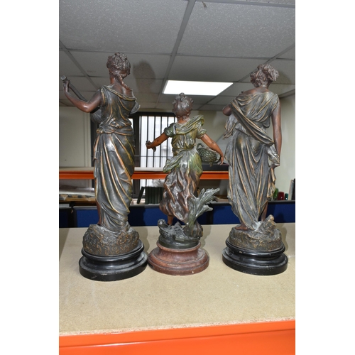 403 - THREE FRENCH BRONZED SPELTER FIGURES, supported by circular wooden bases, comprising 'Jeuness', heig... 