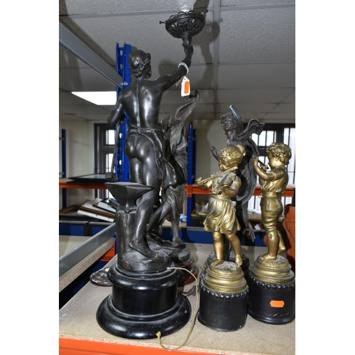 405 - A GROUP OF BRONZED SPELTER FIGURES AND LAMP, comprising a pair of gilt musician figures impressed ma... 