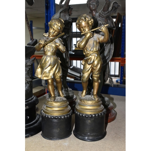 405 - A GROUP OF BRONZED SPELTER FIGURES AND LAMP, comprising a pair of gilt musician figures impressed ma... 