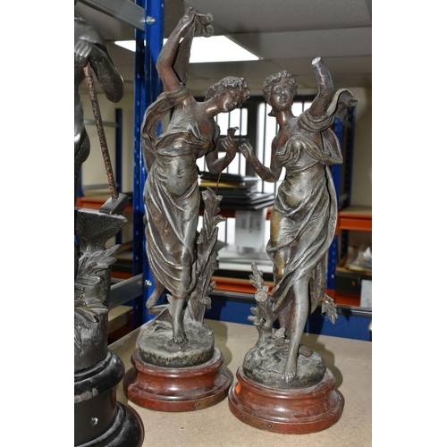 405 - A GROUP OF BRONZED SPELTER FIGURES AND LAMP, comprising a pair of gilt musician figures impressed ma... 