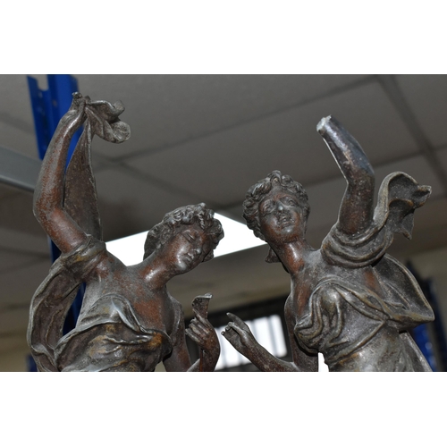 405 - A GROUP OF BRONZED SPELTER FIGURES AND LAMP, comprising a pair of gilt musician figures impressed ma... 