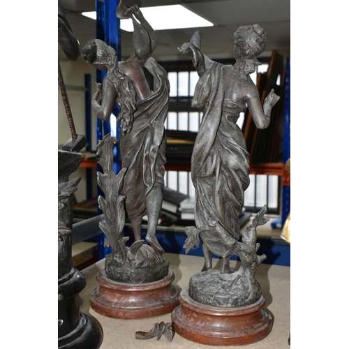 405 - A GROUP OF BRONZED SPELTER FIGURES AND LAMP, comprising a pair of gilt musician figures impressed ma... 