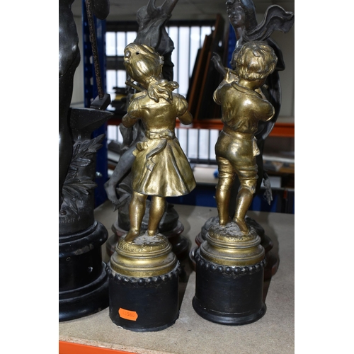 405 - A GROUP OF BRONZED SPELTER FIGURES AND LAMP, comprising a pair of gilt musician figures impressed ma... 