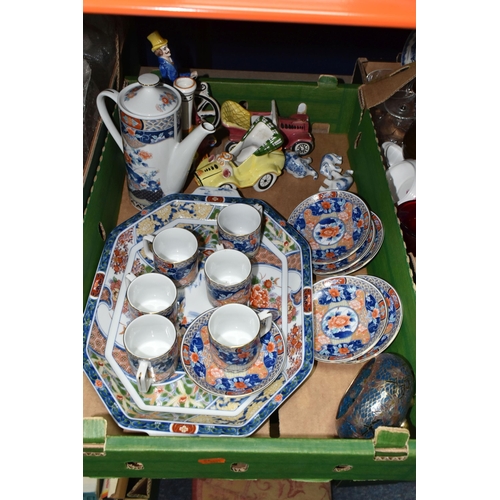 410 - THREE BOXES OF CERAMICS AND DINNERWARE, comprising a set of six Aynsley cups and six saucers with a ... 