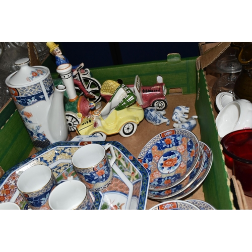 410 - THREE BOXES OF CERAMICS AND DINNERWARE, comprising a set of six Aynsley cups and six saucers with a ... 