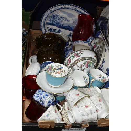 410 - THREE BOXES OF CERAMICS AND DINNERWARE, comprising a set of six Aynsley cups and six saucers with a ... 