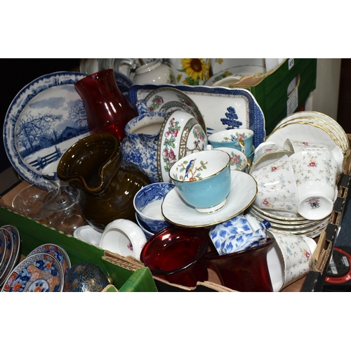 410 - THREE BOXES OF CERAMICS AND DINNERWARE, comprising a set of six Aynsley cups and six saucers with a ... 