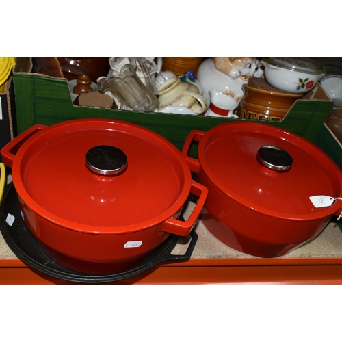 411 - THREE BOXES OF KITCHENWARE, comprising a yellow 'Waterford' Colorcast 11 cast iron oven dish, a cast... 