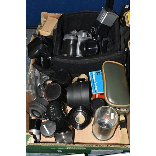 414 - FIVE BOXES OF VINTAGE CAMERA AND CINE EQUIPMENT, to include a complete boxed Weston Euro Master ligh... 