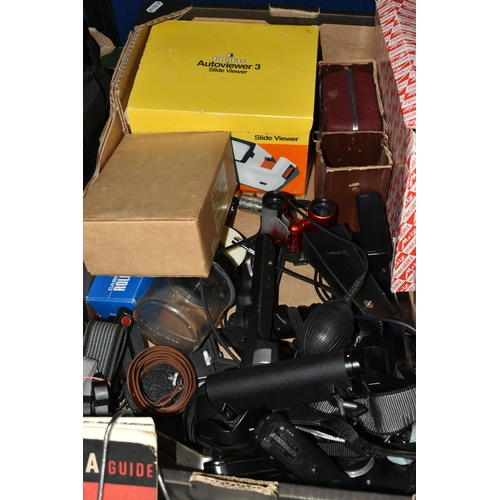 414 - FIVE BOXES OF VINTAGE CAMERA AND CINE EQUIPMENT, to include a complete boxed Weston Euro Master ligh... 