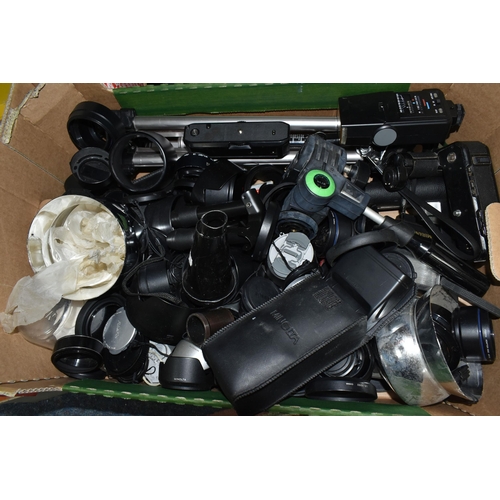 414 - FIVE BOXES OF VINTAGE CAMERA AND CINE EQUIPMENT, to include a complete boxed Weston Euro Master ligh... 