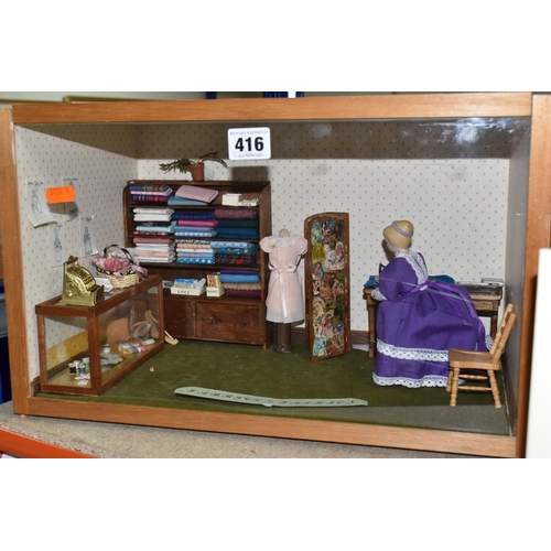 416 - A COLLECTION OF THREE DIORAMA AND TWO GLASS DISPLAY CASES, comprising a Haberdashery shop' Fabrics a... 