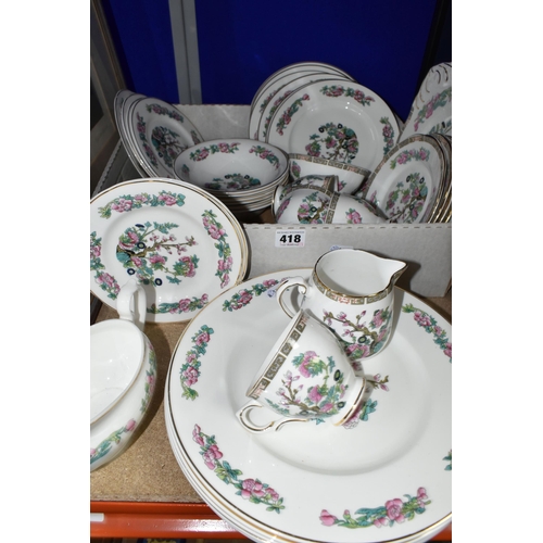 418 - A GROUP OF INDIAN TREE PATTERNED DINNERWARE AND TWO FRAMED LIMITED EDITION PRINTS, comprising six di... 