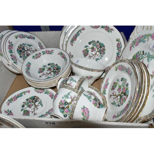 418 - A GROUP OF INDIAN TREE PATTERNED DINNERWARE AND TWO FRAMED LIMITED EDITION PRINTS, comprising six di... 