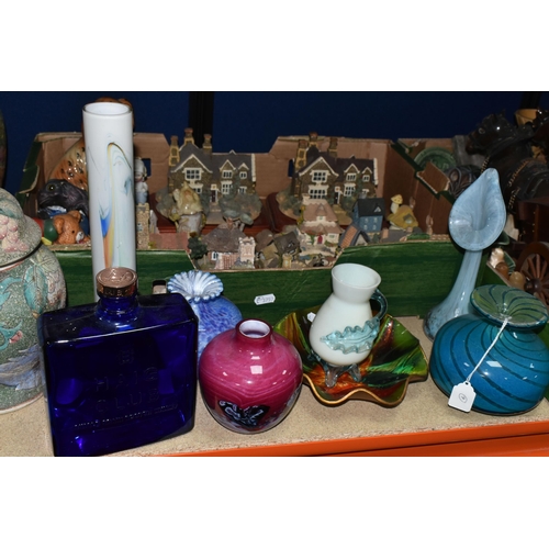 419 - TWO BOXES OF ORNAMENTS AND VASES, to include a collection of Wade Porcelain trinket dishes and candl... 