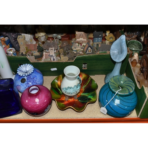 419 - TWO BOXES OF ORNAMENTS AND VASES, to include a collection of Wade Porcelain trinket dishes and candl... 