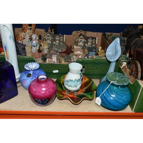 419 - TWO BOXES OF ORNAMENTS AND VASES, to include a collection of Wade Porcelain trinket dishes and candl... 