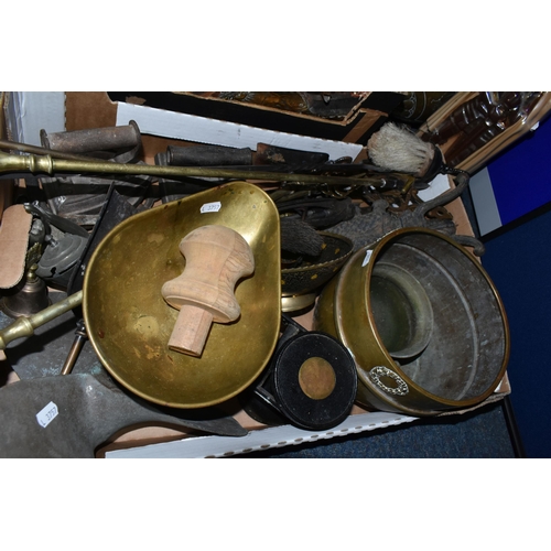 422 - TWO BOXES OF METALWARE, to include a brass p[propellor, two Siddons cast irons, five copper and bras... 