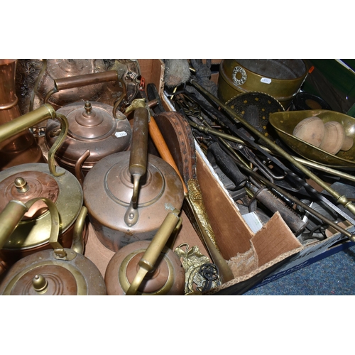 422 - TWO BOXES OF METALWARE, to include a brass p[propellor, two Siddons cast irons, five copper and bras... 