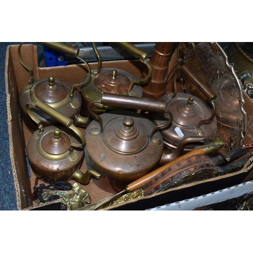 422 - TWO BOXES OF METALWARE, to include a brass p[propellor, two Siddons cast irons, five copper and bras... 