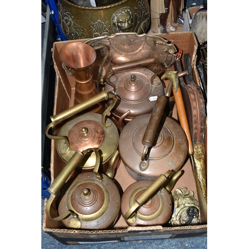 422 - TWO BOXES OF METALWARE, to include a brass p[propellor, two Siddons cast irons, five copper and bras... 