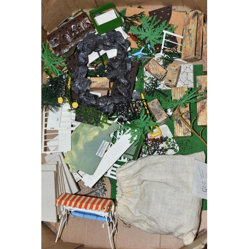 425 - A QUANTITY OF UNBOXED AND ASSORTED BRITAINS FLORAL GARDEN ITEMS, to include Swing Couch, Lawnmower, ... 