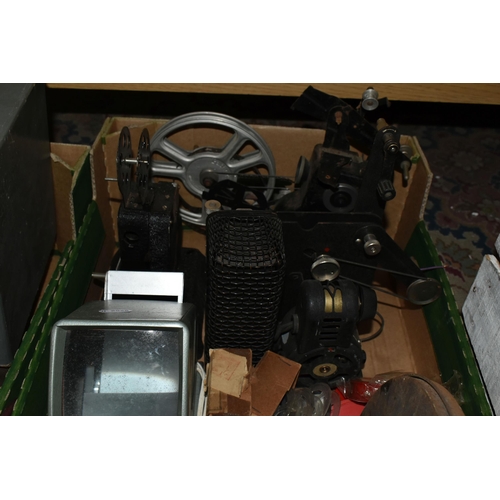 428 - FOUR BOXES AND LOOSE VINTAGE CINE AND PHOTOGRAPHIC EQUIPMENT AND ACCESSORIES,  to include a Kodascop... 