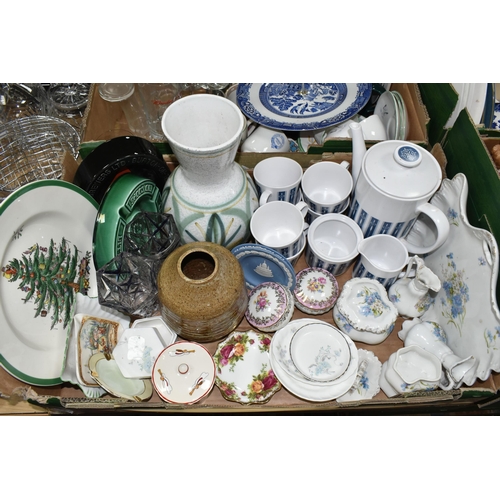 430 - FOUR BOXES OF CERAMICS AND ORNAMENTS, to include a Boots Co. 'Camargue' pattern tea set, dinner plat... 