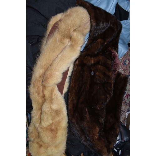 433 - TWO BOXES OF VINTAGE CLOTHING, to include two vintage fur stoles, a GearX motorcycle jacket UK size ... 