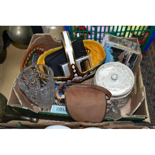 434 - TWO BOXES OF TEAWARE AND SUNDRIES,  to include a small solid brass foot stool/step, a mid- century '... 