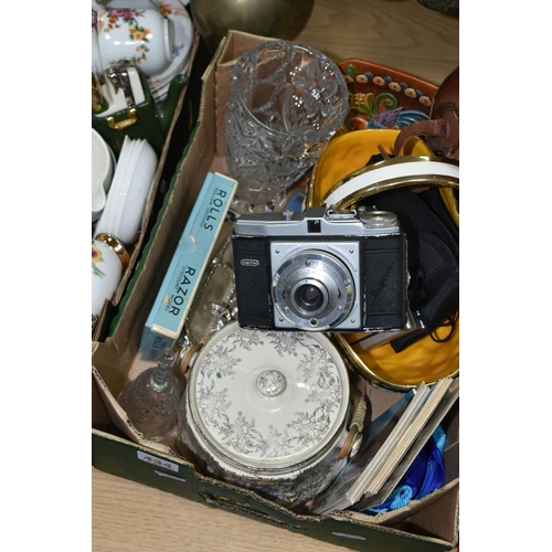 434 - TWO BOXES OF TEAWARE AND SUNDRIES,  to include a small solid brass foot stool/step, a mid- century '... 