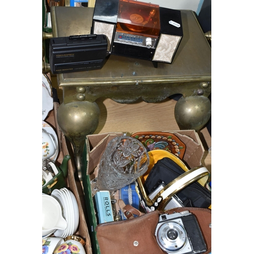 434 - TWO BOXES OF TEAWARE AND SUNDRIES,  to include a small solid brass foot stool/step, a mid- century '... 