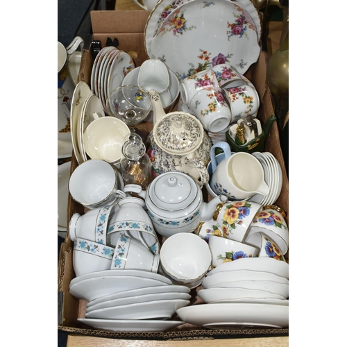 434 - TWO BOXES OF TEAWARE AND SUNDRIES,  to include a small solid brass foot stool/step, a mid- century '... 