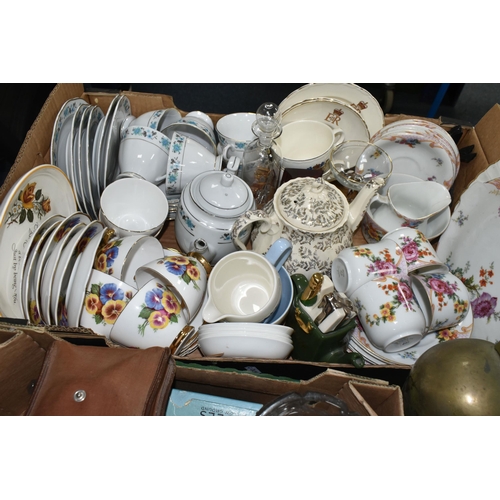 434 - TWO BOXES OF TEAWARE AND SUNDRIES,  to include a small solid brass foot stool/step, a mid- century '... 