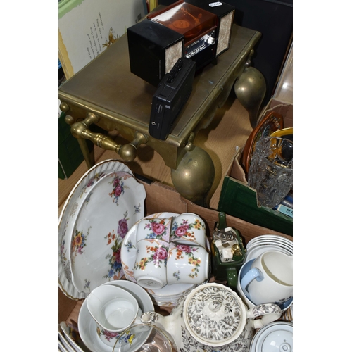 434 - TWO BOXES OF TEAWARE AND SUNDRIES,  to include a small solid brass foot stool/step, a mid- century '... 