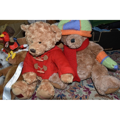 435 - TWO BOXES OF VINTAGE TEDDY BEARS AND SOFT TOYS, to include a Russ 'Jimby' and 'Geoffrey', 2002 Frase... 