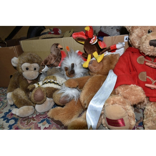 435 - TWO BOXES OF VINTAGE TEDDY BEARS AND SOFT TOYS, to include a Russ 'Jimby' and 'Geoffrey', 2002 Frase... 