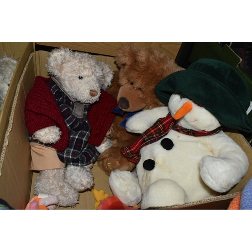 435 - TWO BOXES OF VINTAGE TEDDY BEARS AND SOFT TOYS, to include a Russ 'Jimby' and 'Geoffrey', 2002 Frase... 