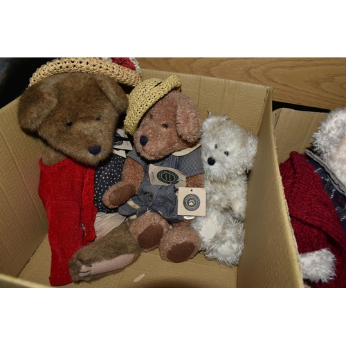 435 - TWO BOXES OF VINTAGE TEDDY BEARS AND SOFT TOYS, to include a Russ 'Jimby' and 'Geoffrey', 2002 Frase... 