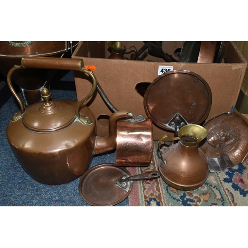 436 - ONE BOX AND LOOSE METALWARE, to include a copper 'Gaskell & Chambers ltd- Preston' grain funnel, a 2... 