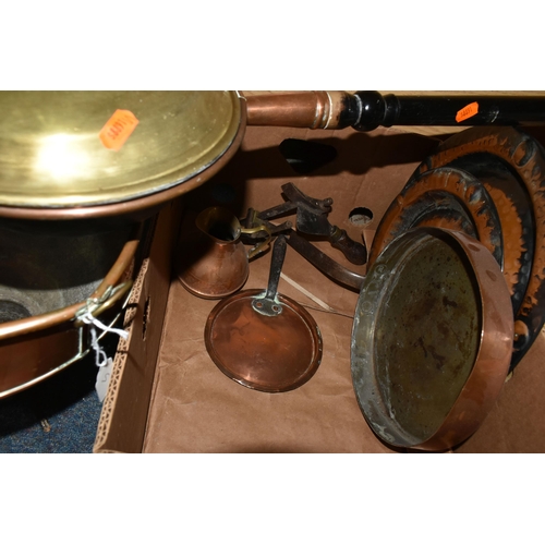 436 - ONE BOX AND LOOSE METALWARE, to include a copper 'Gaskell & Chambers ltd- Preston' grain funnel, a 2... 